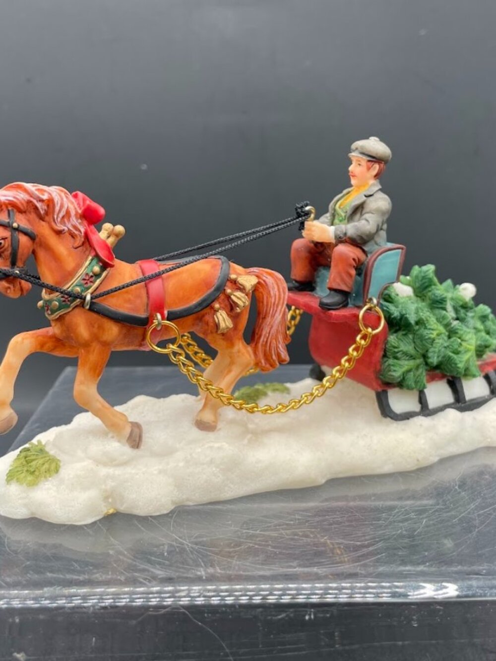 O'Well Christmas Village Accessory Horse and Sleigh with Holiday Tree Resin Fig
